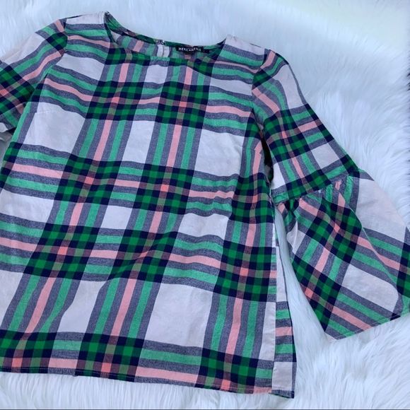 J.Crew mercantile plaid top preppy cute comfy pink green - Picture 1 of 4